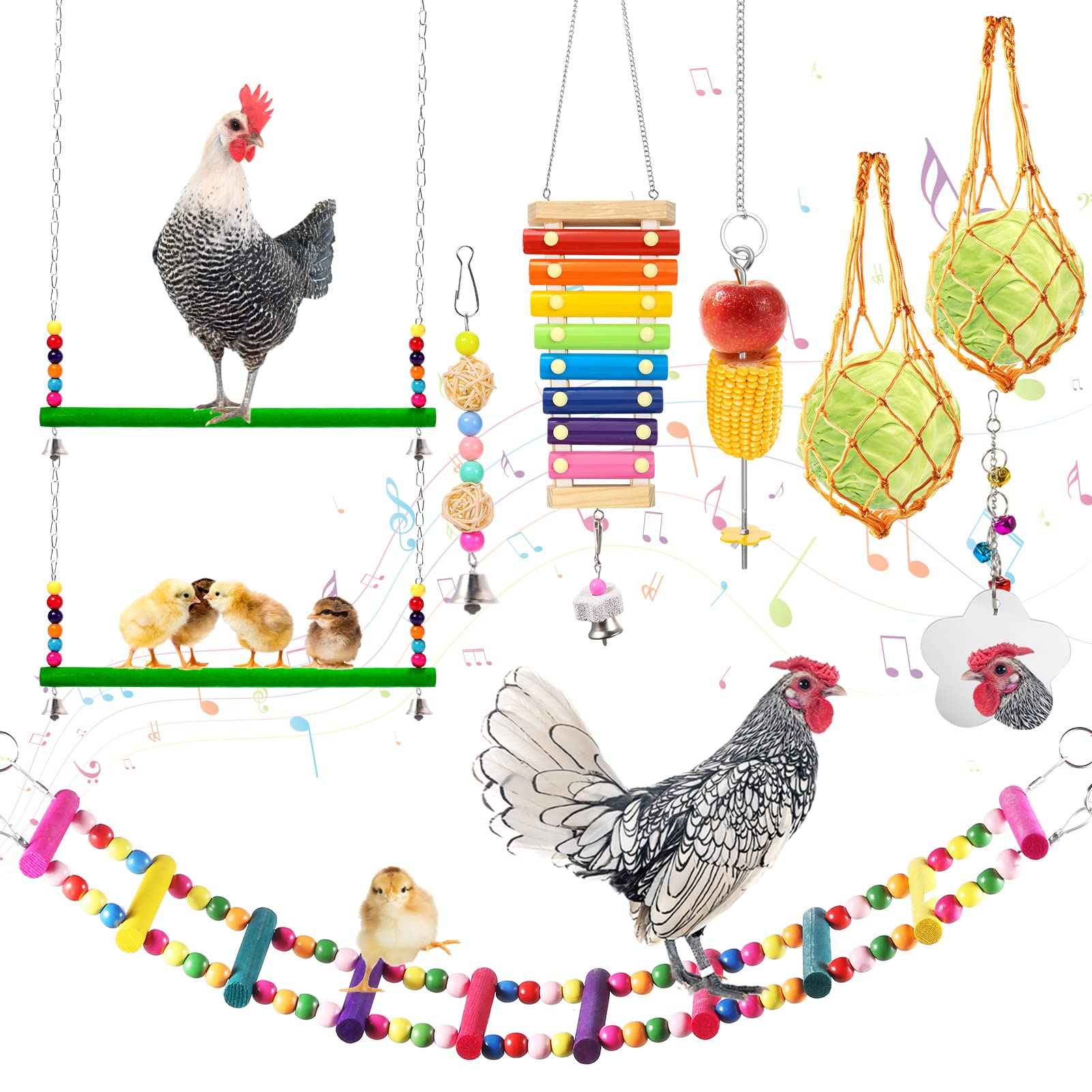 WDSHCR Chicken Toys Chicken Xylophone Toys for Hens A Chicken Swing Ladder Toys and Vegetable Hanging Feeder for Chicken Coop 3 Packs 